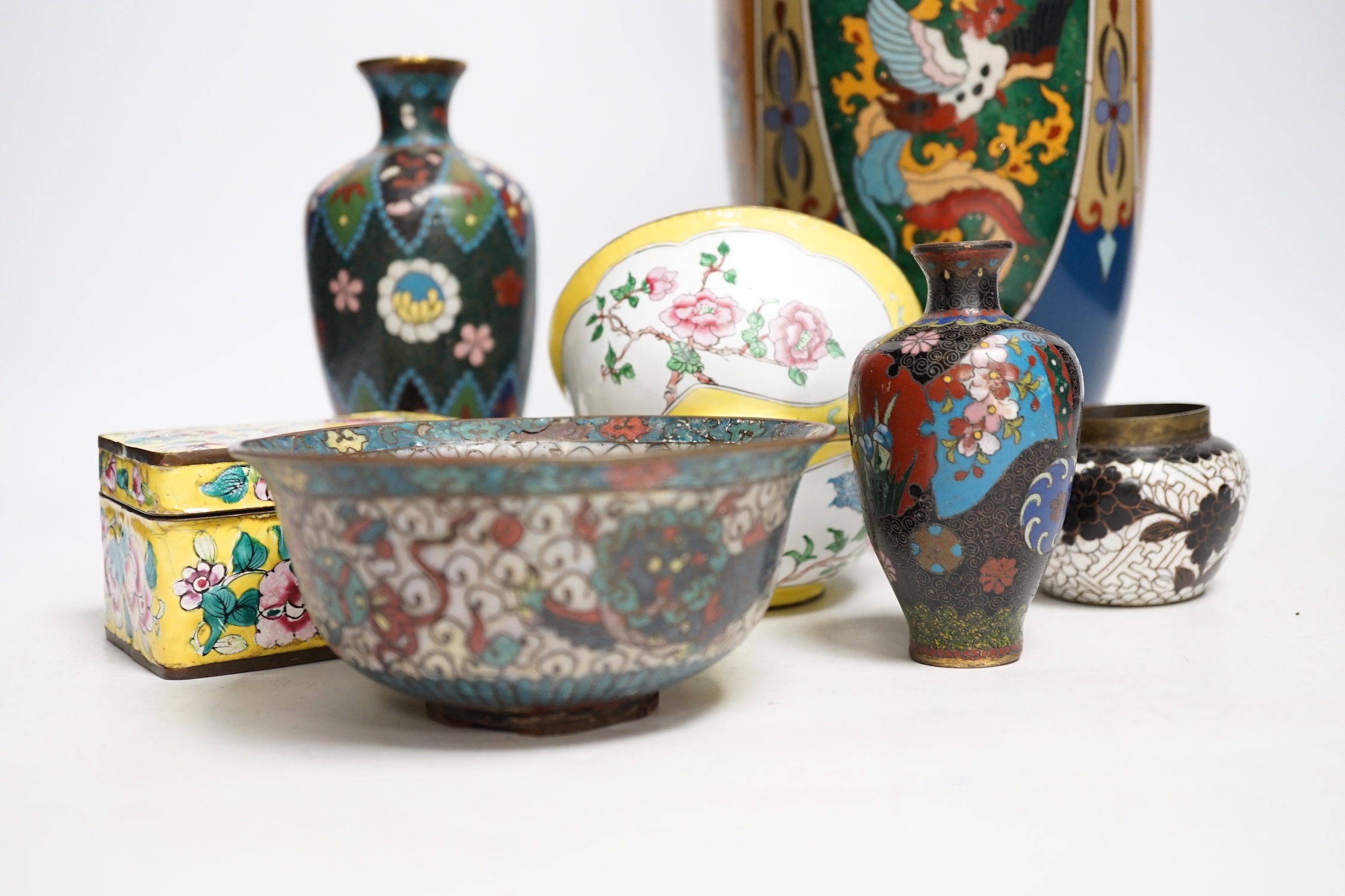 Four Japanese cloisonné enamel vases and a similar bowl and two Canton enamel bowls and similar box and cover, tallest 30cm high